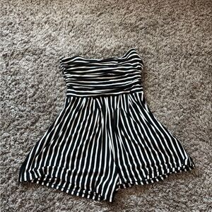 Black and White Striped Strapless Romper